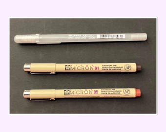 Sakura brown pens and a silver metallic gelly roll 10 nib pack of 3 mixed nib sizes