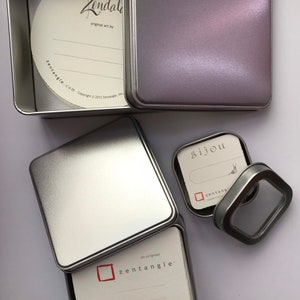 Silver coloured square tins with lids for Zentangle art Tiles set of 3 sizes. Small, medium and large