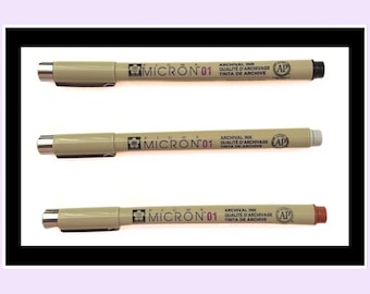 Sakura micron 01 nib fine liner pens X3, Black, Brown & Light Cool Grey