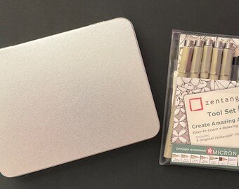 Silver coloured rectangular stationery tin and 12 piece Zentangle tool set