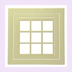 May include: A square, light beige stencil featuring a grid pattern with nine evenly spaced square cutouts arranged in a three-by-three formation. The design includes a thin, recessed border frame surrounding the central grid of open squares.