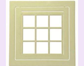 May include: A square, light beige stencil featuring a grid pattern with nine evenly spaced square cutouts arranged in a three-by-three formation. The design includes a thin, recessed border frame surrounding the central grid of open squares.