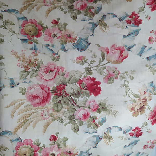 Fabulous Antique French Chateau Fabric – Sprays of Flowers – Pink Roses and Peonies   Blue ribbons  Curtains Rideaux Brocante