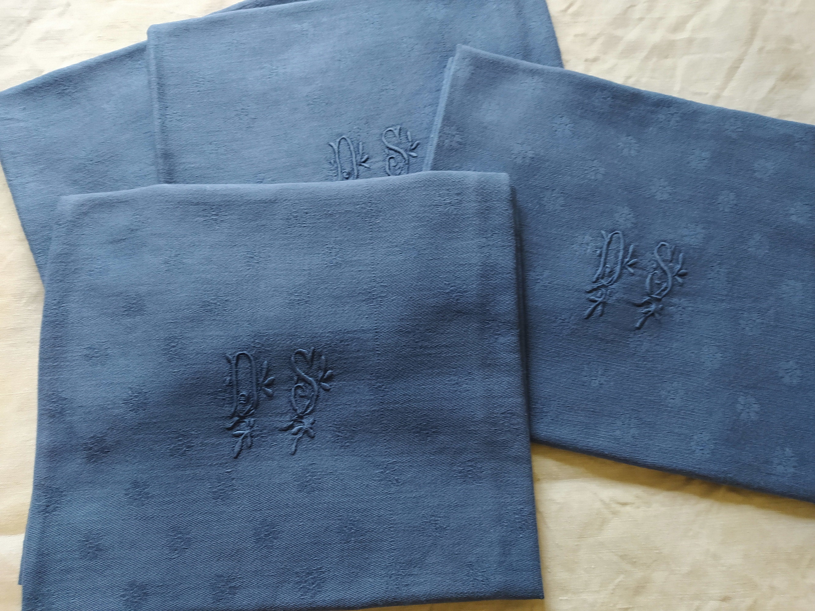 Lot de 4 Serviettes Monogram Vintage Français - Blue Indigo Initiales Ds Brocante