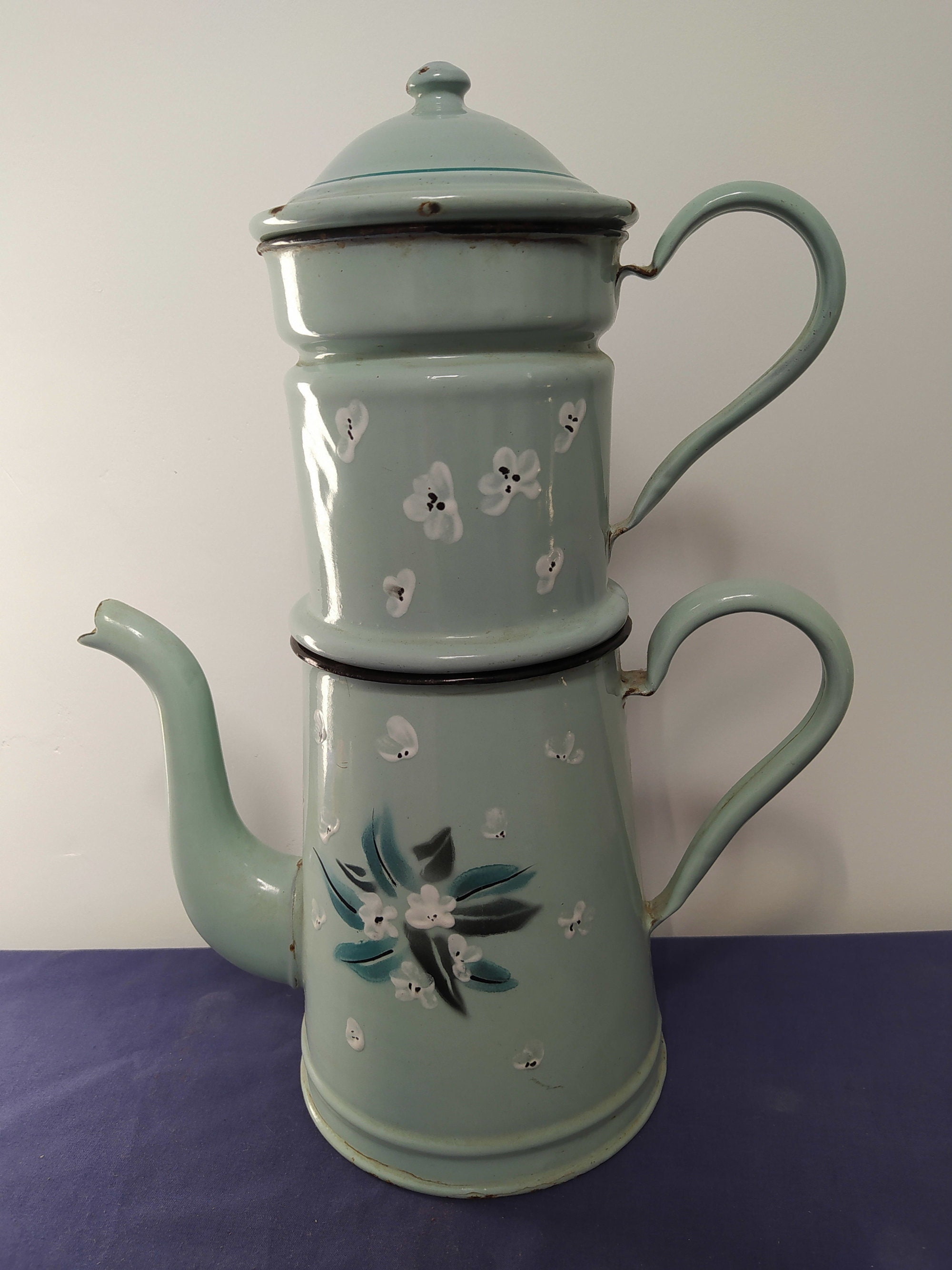 Cafetière Vintage Français Émail - Complète Vert avec Détails Floraux Fleurs Brocante