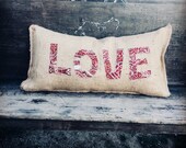New Handmade Burlap Love Pillow Rustic Wedding Decor Upcycled Coffee Sack Pillow Custom Pillow Coffee Gift Farmhouse Decor Throw Pillow