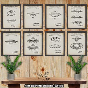 UFO Patent Print Set of 8 - Flying Saucer Inventions - Space Exploration Posters - Outer Space Decor - Alien Spacecraft Wall Art