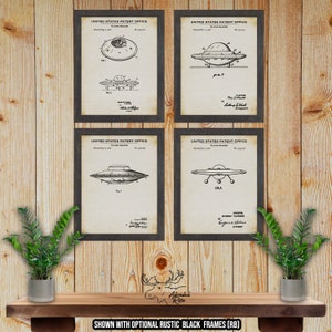 UFO Patent Print Set of 4 - Extraterrestrial Posters - Alien Spacecraft Decor - UFO Wall Art - UFO Lover Gift - Flying Saucer Blueprints