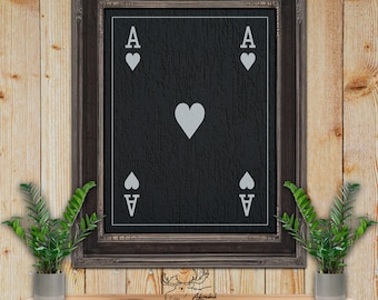 Ace of Hearts Playing Card Print - Black & Silver Fine Art Print - Man Cave Decor - Poker Player Gift - Game Room Art - Card Player Gift