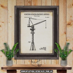 May include: A black and white line drawing of a tower crane patent. The patent is titled "Tower Crane" and the patent number is "No. 3,396,912". The patent was issued on April 30, 1970.