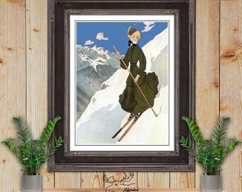 Ski Poster - Ski Print - Snow Skiing Wall Art - Ski Resort Decor - Skier Gift - Ski Lodge Decor - Retro Skiing Decor - Vintage Woman Skiing
