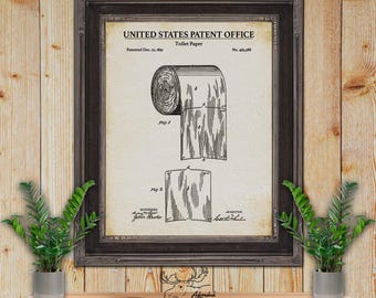 Op de afbeelding: Een vintage zwart-witte patenttekening voor toiletpapier. De tekening toont een rol toiletpapier met de tekst "United States Patent Office" en "Toilet Paper" bovenaan. Het patentnummer is 465,588 en de datum is 23 december 1891.