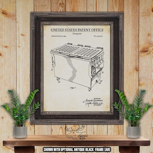 May include: A black and white line drawing of a dumpster patent. The patent is titled "Dumpster" and was patented on July 19, 1994. The patent number is 4,330,077. The drawing shows a side view of the dumpster with the lid open.