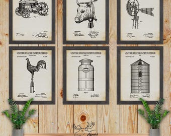 May include: Set of six vintage-style black and white patent drawings of farm equipment. The drawings include a tractor, cow, windmill, rooster, milk can, and silo. The drawings are framed in rustic black frames.