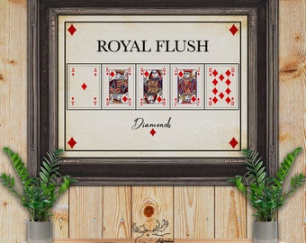 Diamonds Royal Flush Poker Hand Art Print - Playing Card Posters - Poker Player Gift - Retro Poker Art - Game Room Decor - Card Player Gift