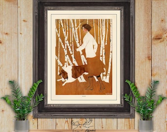 Coles Phillips Fadeaway Girl Art Print - Birches Art Deco Illustration - Vintage Fashion Wall Art - Glamour Girl Poster - Birch Trees - Dog