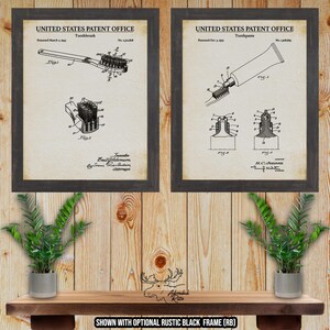 Bathroom Patent Print Set of 2 - Vintage Toothbrush and Toothpaste Posters - Dental Inventions - Dentist Gift - Bathroom Wall Decor