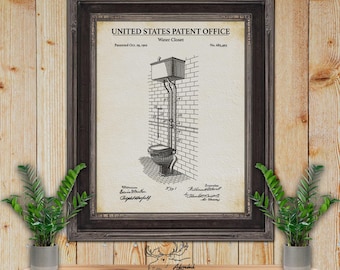 Impresión de patente de inodoro - Dibujo de patente de inodoro antiguo - Invención de baño de 1901 - Decoración de pared de baño retro - Póster de baño rústico