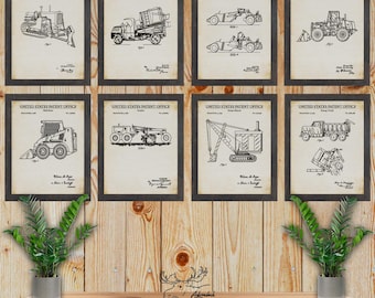 Construction Vehicle Patent Print Set of 8 - Heavy Machinery Wall Art - Construction Inventions - Foreman Gift - Equipment Operator Gift