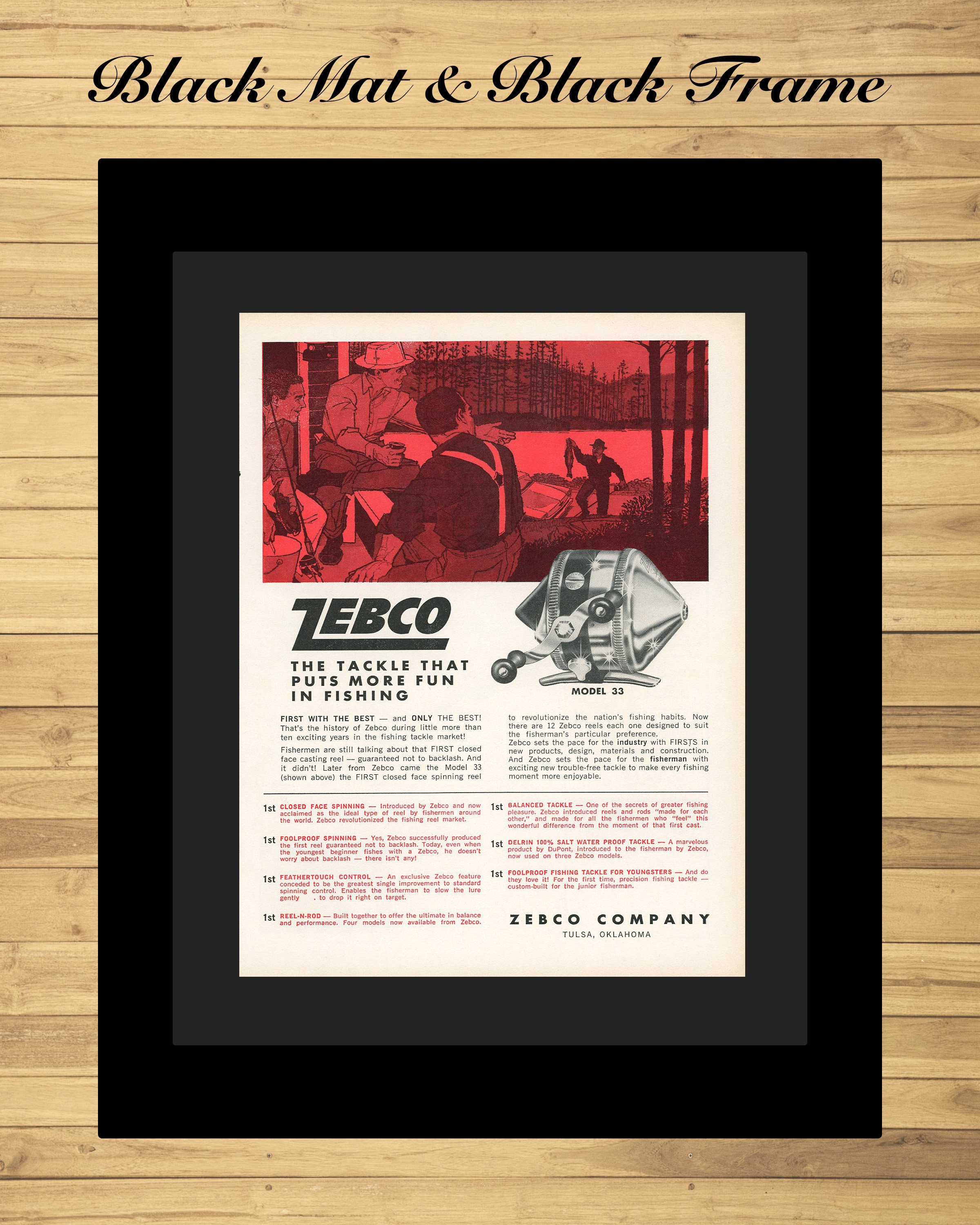 Vintage Zebco Fishing Reel Print Advertisement 12X16 Matted & Framed Gift  for Fisherman Christmas Gift Idea 