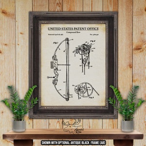 May include: A vintage patent drawing for a compound bow, with the title "United States Patent Office" and "Compound Bow" printed at the top. The patent number is 4,660,536 and the date is April 28, 1987. The drawing shows a detailed illustration of the bow's mechanism with various parts labelled.