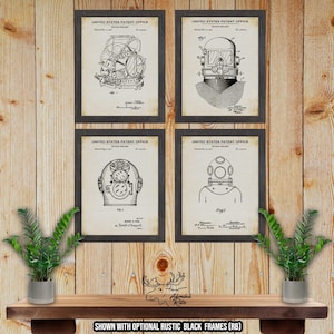 Diving Helmet Patent Print Set of 4 - Deep Sea Diving Posters - Scuba Diving Inventions - Scuba Diver Gift - Diving Blueprints - Snorkeling
