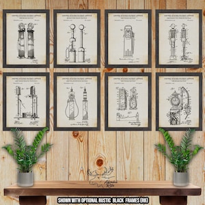 Lot de 8 imprimés brevet pompe à essence - Posters Petroliana - Inventions de la pompe à essence - Art mural rétro pour station-service - Décoration de station-service - Souvenirs