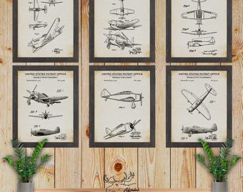Military Fighter Plane Patent Print Set of 6 - War Plane Posters - Aircraft Inventions - Pilot Gift - Military Airplane Art - Blueprints