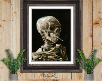 Skull of a Skeleton with Burning Cigarette Print - Van Gogh Illustration - Skeleton Print - Gothic Wall Art - Horror Decor - Halloween Art