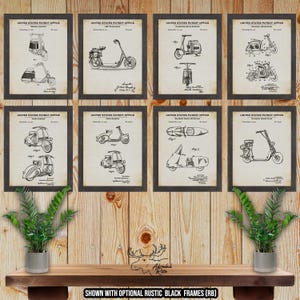 Juego de 8 impresiones de patentes de scooter - Póster de ciclomotor - Inventos de scooter retro - Regalo para motociclistas - Arte mural de scooter - Decoración de scooter