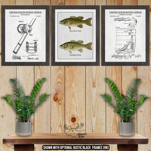 Zeebaars vissen print set van 3 - zeebaars visser cadeau - bas patent posters - rustieke bas vissen muur kunst - vintage decor vissen