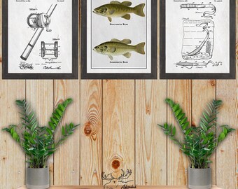 Bass Fishing Print Set of 3 - Bass Fisherman Gift - Bass Patent Posters - Rustic Bass Fishing Wall Art - Vintage Bass Fishing Decor