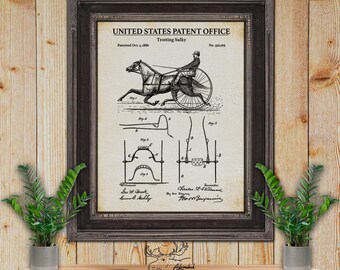 Impresión de patente de Sulky al Trote - Arte ecuestre vintage de 1886 - Póster de carreras de caballos - Regalo para dueños de caballos - Arte mural de jockeys - Decoración del oeste