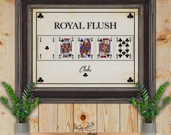Clubs Royal Flush Poker Hand Art Print - Playing Card Posters - Poker Player Gift - Retro Poker Art - Game Room Decor - Card Player Gift