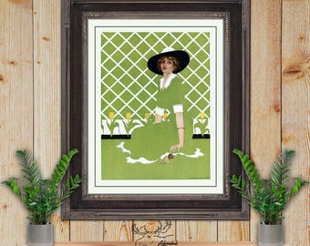 Coles Phillips Fadeaway Girl Art Print - Tulips In The Garden Art Deco Romance Illustration - Vintage Fashion Wall Art - Glamour Girl Poster
