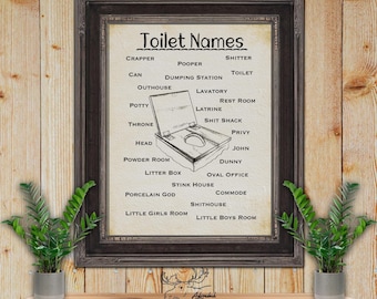 TOILET NAMES Badezimmer Neuheit Druck - Einzigartige Badezimmer Wand Dekoration - Vintage Badezimmer Poster - Lustige Badezimmer Wandkunst - Humorvolle Badezimmer Kunst