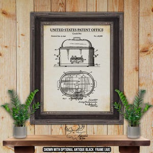 May include: A black and white vintage patent drawing of a crock pot. The drawing shows the crock pot from the side and the top. The patent number is 2,187,888 and the patent date is January 21, 1940. The text "United States Patent Office" and "Crock Pot" are printed at the top of the drawing.