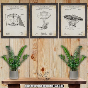 Aviation Patent Print Set of 3 - Air Ship Posters - Flying Machine Inventions - Pilot Gift - Vintage Aviation Wall Decor - Aerial Vessel Art