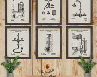 Bathroom Patent Print Set of 6 - Retro Plumbing Inventions - Plumber Gift Set - Bathroom Wall Decor - Vintage Bathroom Posters