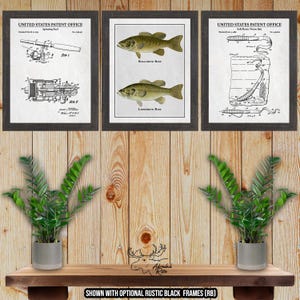 Zeebaars vissen print set van 3 - zeebaars visser cadeau - bas kunst aan de muur - bas octrooi posters - rustieke visserij kunst aan de muur - vintage visserij decor