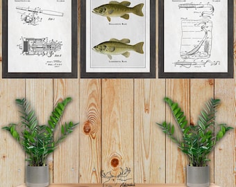 Bass Fishing Print Set of 3 - Bass Fisherman Gift - Bass Wall Art - Bass Patent Posters - Rustic Fishing Wall Art - Vintage Fishing Decor
