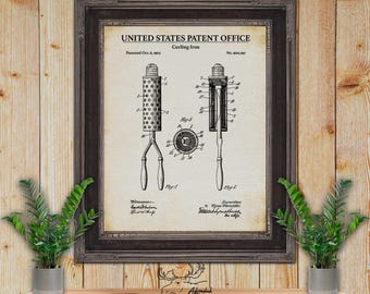 Curling Iron Patent Print - Curling Iron Poster - 1903 Hair Care Invention - Bathroom Wall Decor - Beauty Salon Wall Art - Hair Stylist Gift