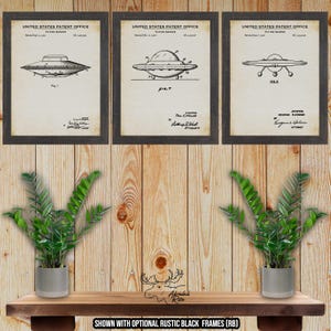 UFO Patent Print Set of 3 - Space Exploration Posters - UFO Inventions - Retro Outer Space Decor - Space Vehicles - Space Travel - UFO Decor