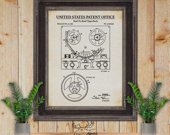 Impresión de patente de pletina de cinta de carrete - Ilustración de electrónica retro - Invención de la bobina abierta de 1961 - Arte mural multimedia retro - Decoración de estudio de música