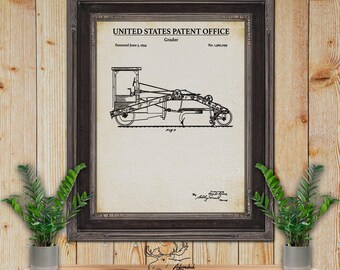 Impresión de patente de niveladora - Póster de niveladora de carreteras de 1934 - Invención de equipo de construcción - Arte mural de maquinaria - Regalo para operador de equipo pesado