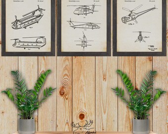 Helicopter Patent Print Set of 3 - Helicopter Posters - Helicopter Inventions - Helicopter Pilot Gift - Helicopter Wall Decor