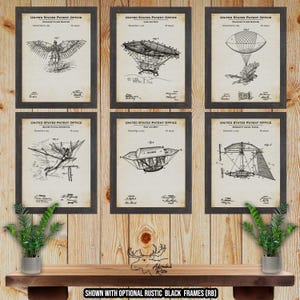 Aviation Patent Print Set of 6 - Flying Machine Poster Set - Vintage Aviation Inventions - Pilot Gift - Early Aviation Wall Decor