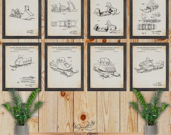 Snowmobile Patent Print Set of 8 - Vintage Snowmobile Posters - Snowmobile Inventions - Snowmobiler Gift - Rustic Snowmobiling Wall Art