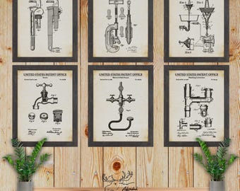 Klempner Patent Print 6er Set - Retro Klempner Erfindungen - Klempner Geschenkset - Badezimmer Wanddekor - Klempner Geschenk