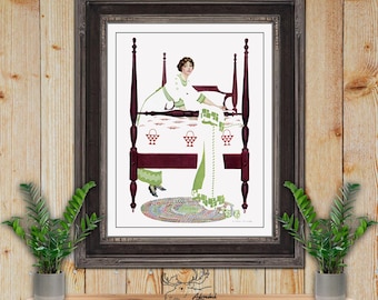 Coles Phillips Fadeaway Girl Art Print - Making The Bed Art Deco Romance Illustration - Vintage Fashion Wall Art - Glamour Girl Poster